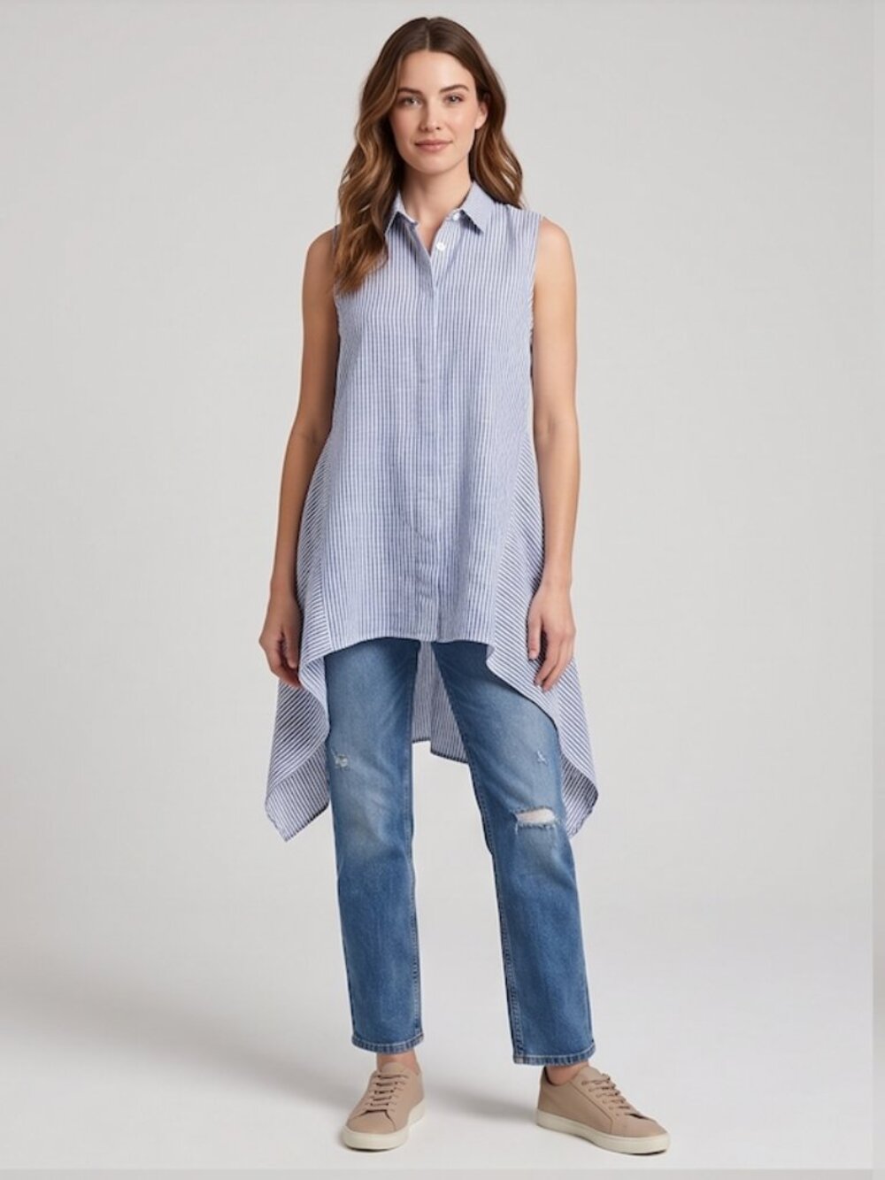 Por Cyntia Vertical Striped Sleeveless Asymmetrical Linen Tunic Blouse
